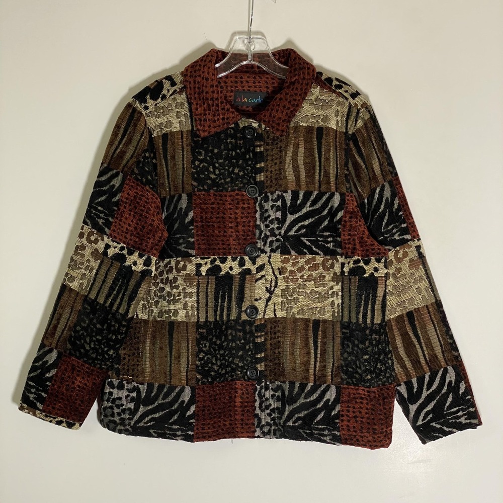 A La Carte Jacket Womens Medium Multicolor Animal Patchwork Knit Button Pockets